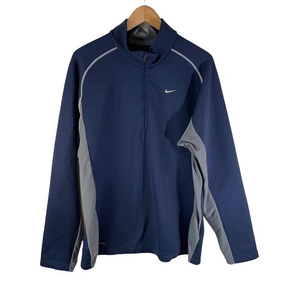 NIKE Fit Men Quarter Zip LOGO Swoosh Pullover Sweatshirt Colorblock Blue Gray XL - Picture 1 of 12